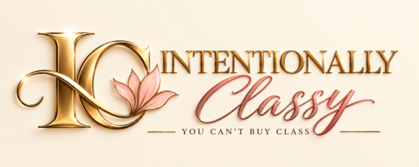 Intentionally Classy logo with gold IC monogram, blush-pink Classy lettering, and “You Can’t Buy Class” tagline