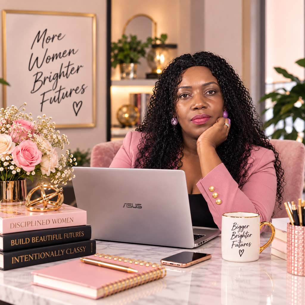 Intentionally Classy founder Neema Kamwaza working at a laptop in an elegant workspace.